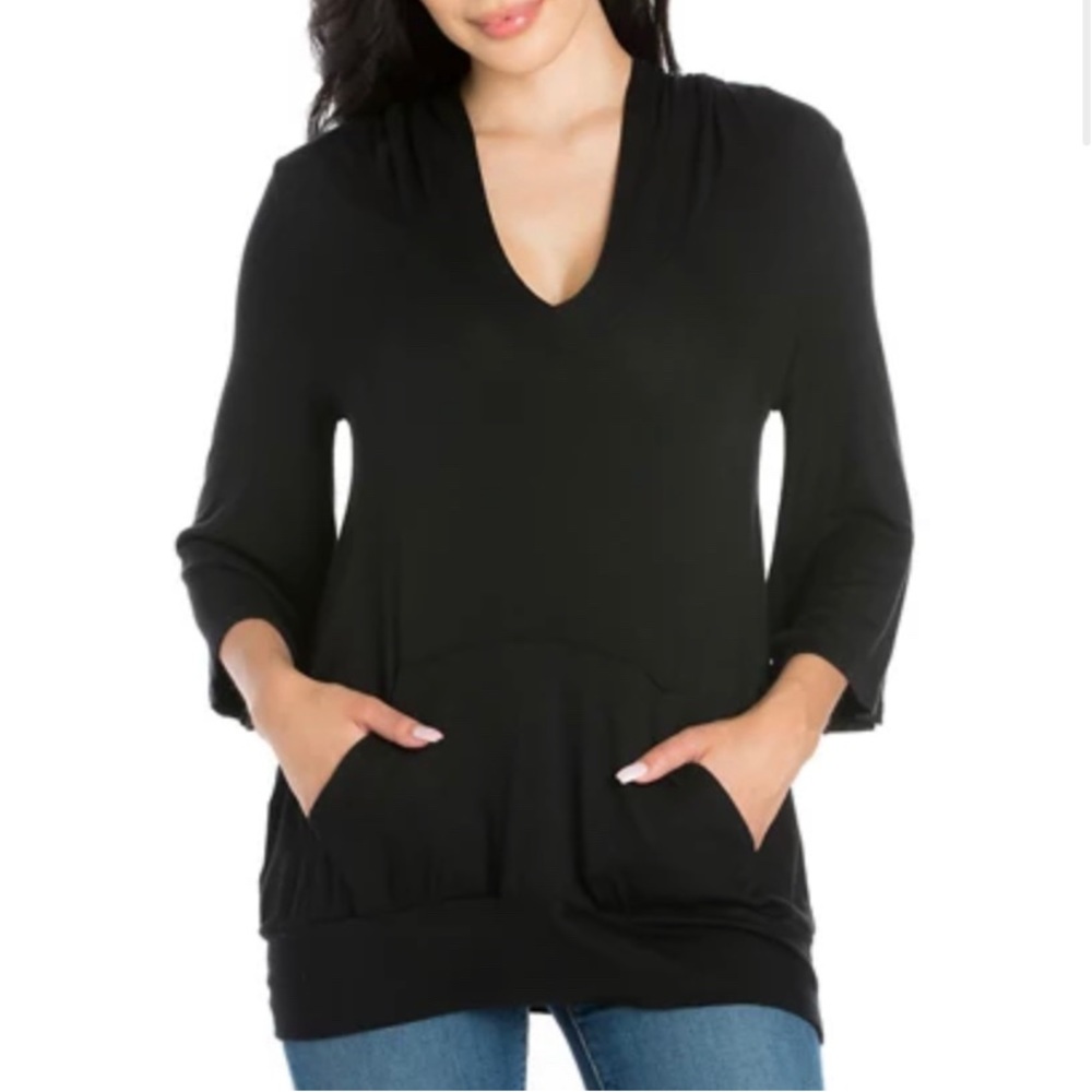 24/7 Comfort Apparel Black 3/4 Bell Sleeve Hooded Tunic/Top Large